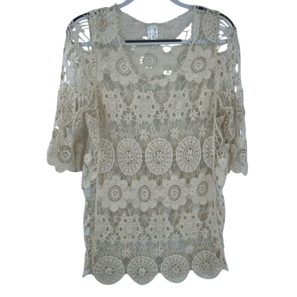 Crocheted, long floral design retro vintage top Off White Cotton New